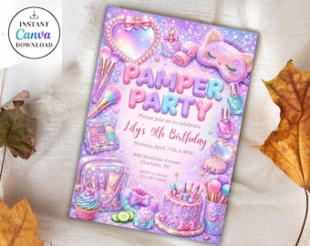 Pamper Party Birthday Invitation, Neon Glow Pamper Spa Invitation, Spa Sleepover Girls Invite, Pastel Glitter Spa Party, Canva Template