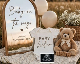 Boho Pregnancy Announcement Canva Template, Editable Social Media Baby Reveal, Gender Neutral, Baby On The Way Mirror Sign