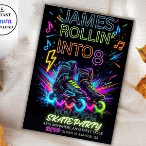 May include: A black rectangular party invitation featuring neon-colored inline skates, musical notes, and a lightning bolt. The text reads: JAMES ROLLIN' INTO 8, NOV 17 7PM, SKATE PARTY, 4575 ANYWHERE, ANYSTREET TX758, RSVP OLIVER AT 444-666-333.