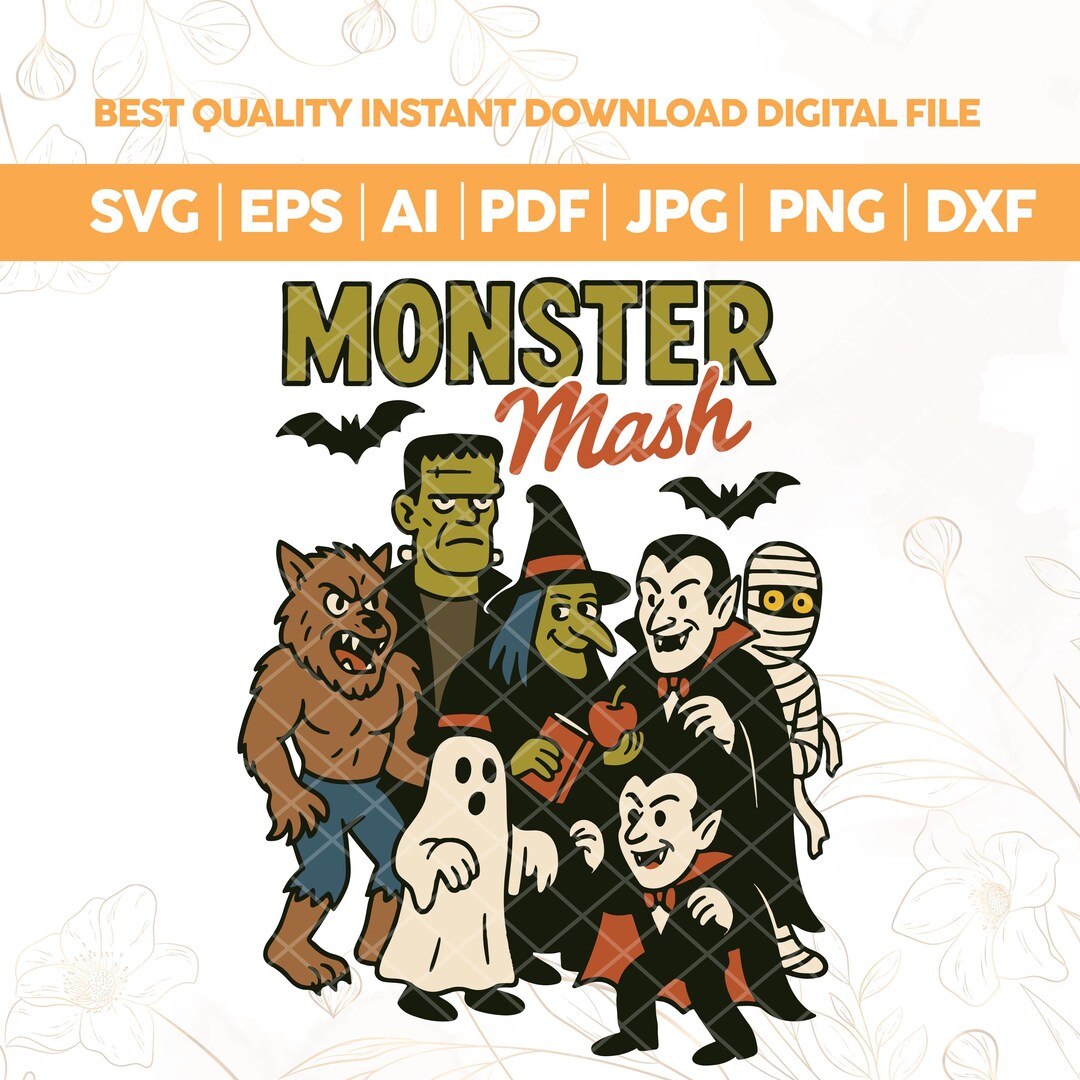 Retro Halloween Clipart: Monster Mash PNG SVG, Ghost & Vampire (digital ...