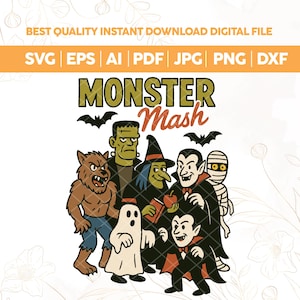 Retro Halloween Clipart: Monster Mash PNG SVG, Ghost & Vampire (Digital Download)