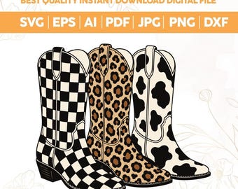 Cowboy Boots SVG PNG,Retro Western Cowgirl Collage png,Checkered & Leopard Polka Dot Western Cowgirl Design svg,Howdy png