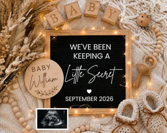 Editable Boho Pregnancy Announcement Social Media, Keeping a Little Secret Letter Board Digital, Gender Neutral Baby, Rustic, Corjl DIY