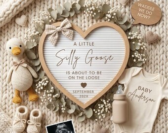 A Little Silly Goose Pregnancy Announcement Template, Editable Canva Baby Reveal with Ultrasound Photo, Rustic Neutral Mockup, Due Aug 2026