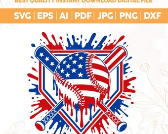 Könnte beinhalten: Eine digitale Grafik mit einem Baseball im US-Flaggenmuster, gekreuzt von zwei Baseballschlägern, vor einem Hintergrund aus roten und blauen Farbspritzern. Der Text lautet BEST QUALITY INSTANT DOWNLOAD DIGITAL FILE SVG EPS AI PDF JPG PNG DXF.