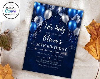 Blue and Silver 50th Birthday Invitation, Balloon Party Invite, White Birthday Invite, Let's Celebrate Invitation,(Editable Canva Template)