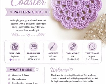 Crochet Coaster Pattern PDF.Flower Coaster & Holder Set.Easy Beginner Crochet Pattern.DIY Mug Rug.Round Coaster Home Decor.instant Download