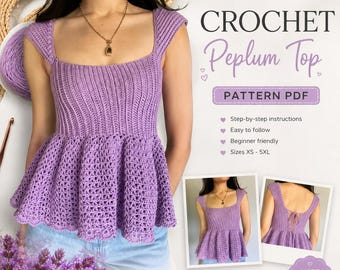 Crochet Babydoll Top Pattern PDF, Raglan Bow Crop Top, Square Neck Peplum Top, Puff Sleeve Crochet Pattern, Summer Top Pattern