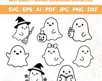 Ghost Svg Bundle, Ghost Outline Svg, Spooky Ghost, Halloween svg, Cute ghost with pumpkin, ghost with coffee svg, Flower Ghost Svg,Cricut