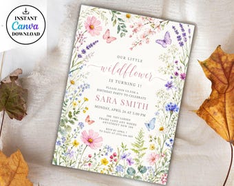 Wildflower First Birthday Invitation Girl Our Little Wildflower 1st Birthday Party Invite Floral Butterfly Editable Canva Template OLW02