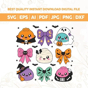 May include: A digital graphic file set featuring nine Halloween-themed illustrations including orange, pink, and purple dumplings with faces, various bows with star, moon, and bat patterns, a ghost holding a pumpkin, and a mummy dumpling.