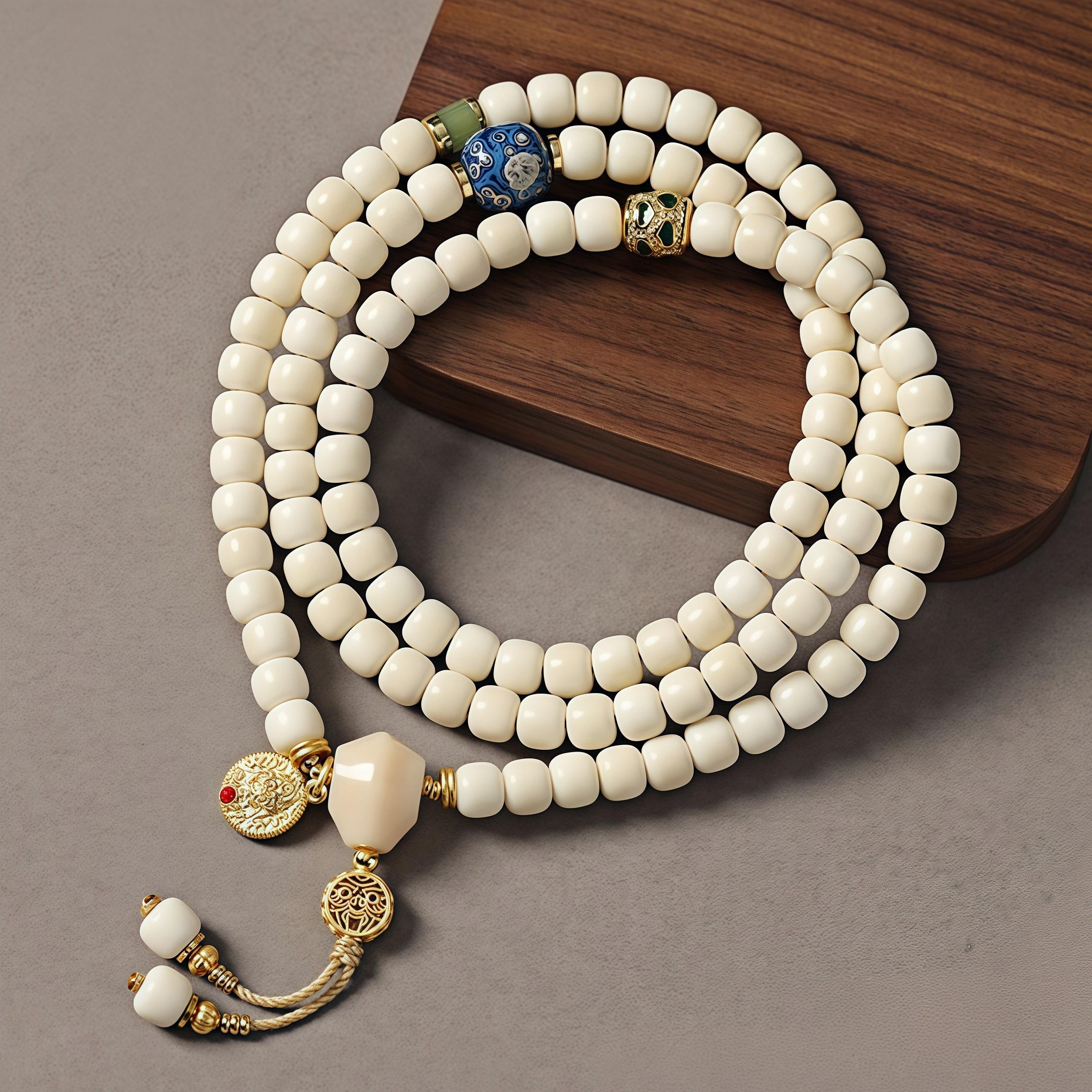 Vintage White Jade Bodhi Bracelet, Good Luck Meditation Mala, Calming Bead Wrist Wrap, Mindful Prayer Beads