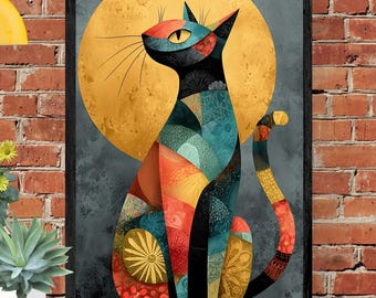 Geometric Cat Art Print: Colorful Modern Wall Decor for Cat Lovers (Digital Download)