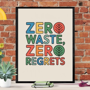 Eco wall art that inspires change. This “Zero Waste, Zero Regrets” poster is a bold wall art. | Earth Day Poster | Climate Change Poster