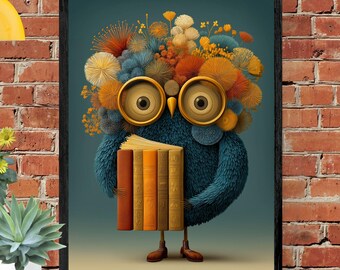 Whimsical Owl Reading Poster: Colourful Book Lover Wall Art, Book Lovers Gift (Digital Download)