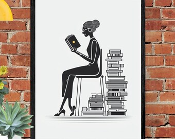 Modern Reading Wall Art: Chic Black & White Book Illustration, Book Lovers Gift (Digital Download)