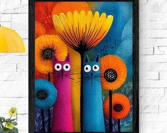 Whimsical Cat Art Print: Colorful Nursery & Kids Room Decor (Digital Download)