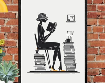 Minimalist Book Lover Print: Black & White Reader Poster (Digital Download
