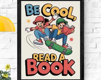 Póster de lectura para niños en patineta / Arte divertido para el aula (descarga digital)