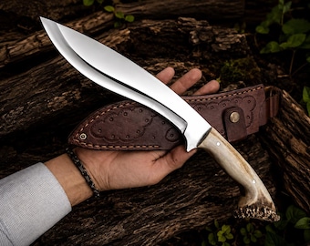 Handmade Kukri Hunting Knife Stag Handle Leather Sheath Personalized Gift