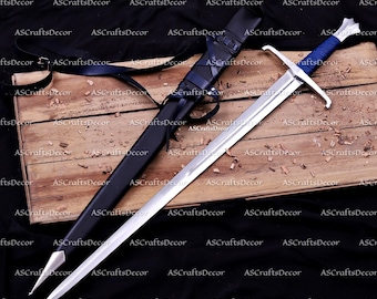 Espada larga medieval forjada a mano con vaina de cuero, espada de caballero de acero al carbono hecha a mano.