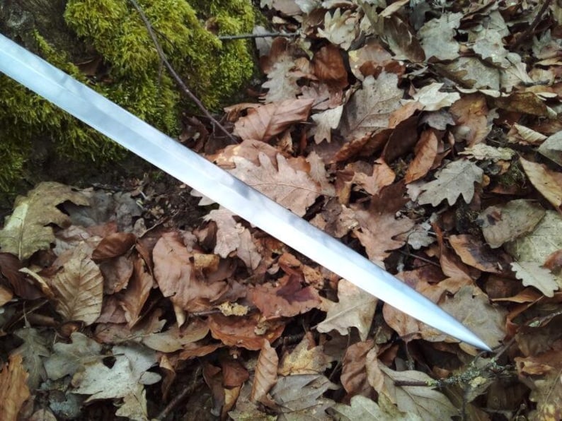 May include: A silver sword blade with a sharp point, resting on a bed of fallen brown leaves. The sword's edge is serrated. Green moss is visible in the background.