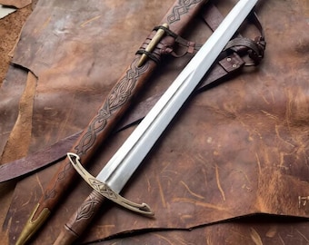 Espada medieval Ravencrest con vaina de cuero / Espada vikinga de acero de espiga completa hecha a mano