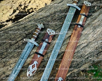 Juego de espada vikinga hecha a mano, hoja nórdica de acero de Damasco, réplica medieval, regalo para él.