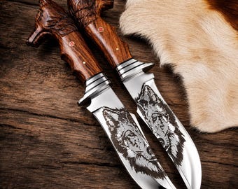 Cuchillo de camping Wolf Head / Cuchillo de caza artesanal de acero inoxidable / Regalo personalizado