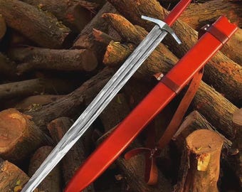 Espada larga medieval forjada a mano con vaina – Espada coleccionable de acero al carbono para exhibición y cosplay
