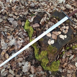 May include: A long, silver sword with a brown handle and crossguard rests on a moss-covered tree stump surrounded by fallen leaves. The sword's blade is straight and sharp, reflecting the light. The overall aesthetic suggests a medieval or fantasy theme.