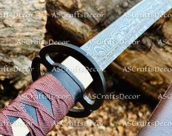 Katana de Damasco auténtica hecha a mano: espada samurái japonesa de espiga completa forjada a mano