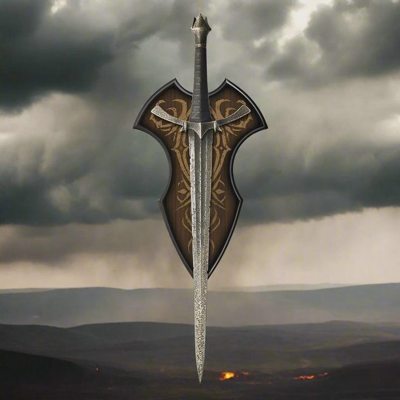 May include: A medieval-style sword with a silver blade and a black handle, mounted on a wooden shield. The shield is brown with gold-colored decorative patterns. The background features a dramatic sky and a landscape.