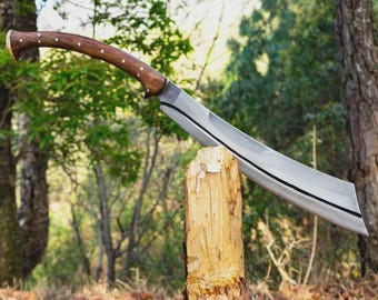 Espada machete de acero al carbono forjada a mano / Mango de palisandro, funda de cuero