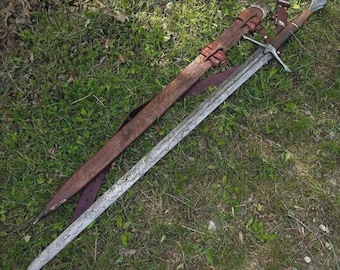 Espada larga medieval hecha a mano / Espada de caballero de acero de Damasco forjada a mano con vaina detallada