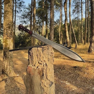 May include: A large, silver sword with a dark brown handle and a pointed blade rests on a weathered wooden stump. The sword's handle has a reddish-brown grip. The background features a forest with tall trees and sunlight.