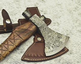 Hacha tomahawk de acero de Damasco forjada a mano / Mango de palisandro / Funda de cuero (Regalo)