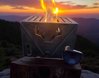 Steel Travel Grill with Antler Cutouts – Portable Campfire Grill, Heavy Duty 1/8” Steel Plate, Personalized BBQ Grill for Camping & Hunting