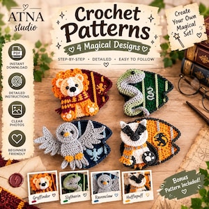 Può includere: Un set di schemi per uncinetto digitali con quattro design magici: un leone, un serpente, un gufo e un tasso, ciascuno su uno sfondo a forma di scudo. Il testo riporta ATNA studio, Crochet Patterns, 4 Magical Designs, con etichette per Gryffindor, Slytherin, Ravenclaw e Hufflepuff.