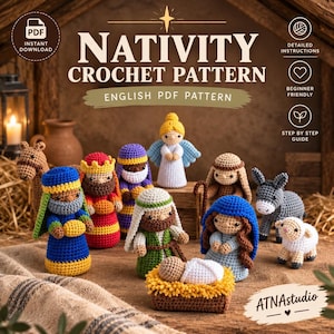 Puede incluir: Un patrón de ganchillo de Natividad en PDF que presenta una colección de pequeñas figuras de hilo hechas a mano, incluyendo un ángel, un bebé en un pesebre, varias figuras con túnicas coloridas, un burro y una oveja. El texto dice Nativity Crochet Pattern.