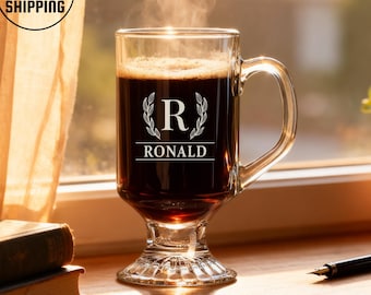 Personalized Glass Irish Mug, Custom Laser Engraved Coffee Cup, Clear Glass Tea Mug, Monogrammed Cappuccino Glass, Custom Engraved Latte Mug