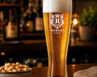 Personalized Pilsner Glass, Custom Engraved 16oz Beer Glass, Custom Logo Glass, Groomsman Gift, Monogram Beer Glass, Home Bar Glassware