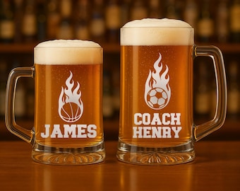 Personalized Custom Sport Beer Stein, Football Soccer Volleyball Basketball Team Gift, Bulk Glass Mugs, Beer Mug