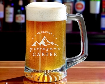 Personalized Groomsman Beer Mug, Custom Engraved Glass Beer Stein, Wedding Party Gift, Bachelor Party Mug, Groomsmen Proposal Gift