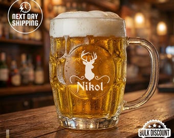 Personalized Dimpled 20oz Beer Mug, British Pub Glass for Home Bar, Custom Engraved Beer Glass, Groomsman Beer Stein, Dimpled Glass Tankard