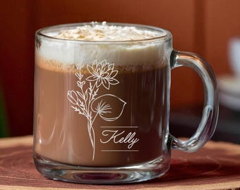 Personalized Birth Flower Glass Mug: Custom Engraved Floral Coffee Cup