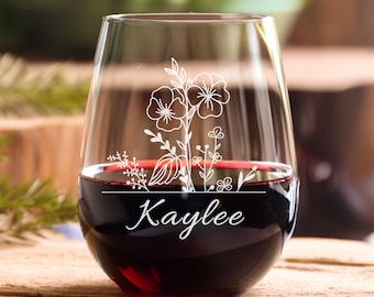 Personalized Birth Flower Wine Glass, Custom Floral Engraved Stemless Wine Glass, Birthday Gift