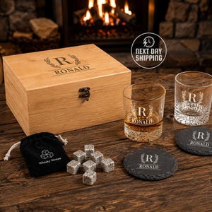 Personalized Whiskey Glasses Gift Set, Custom Engraved Wood Box and Rock Glasses,  Whiskey Stones & Coasters Set, Christmas Gift