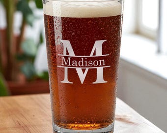 Personalized Monogram Beer Glass with Name – Custom Engraved Glassware for Weddings, Gifts & Corporate Events