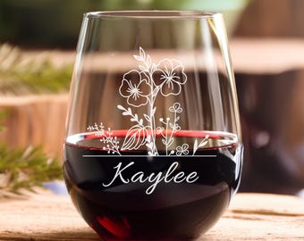 Personalized Birth Flower Wine Glass, Custom Floral Engraved Stemless Wine Glass, Birthday Gift